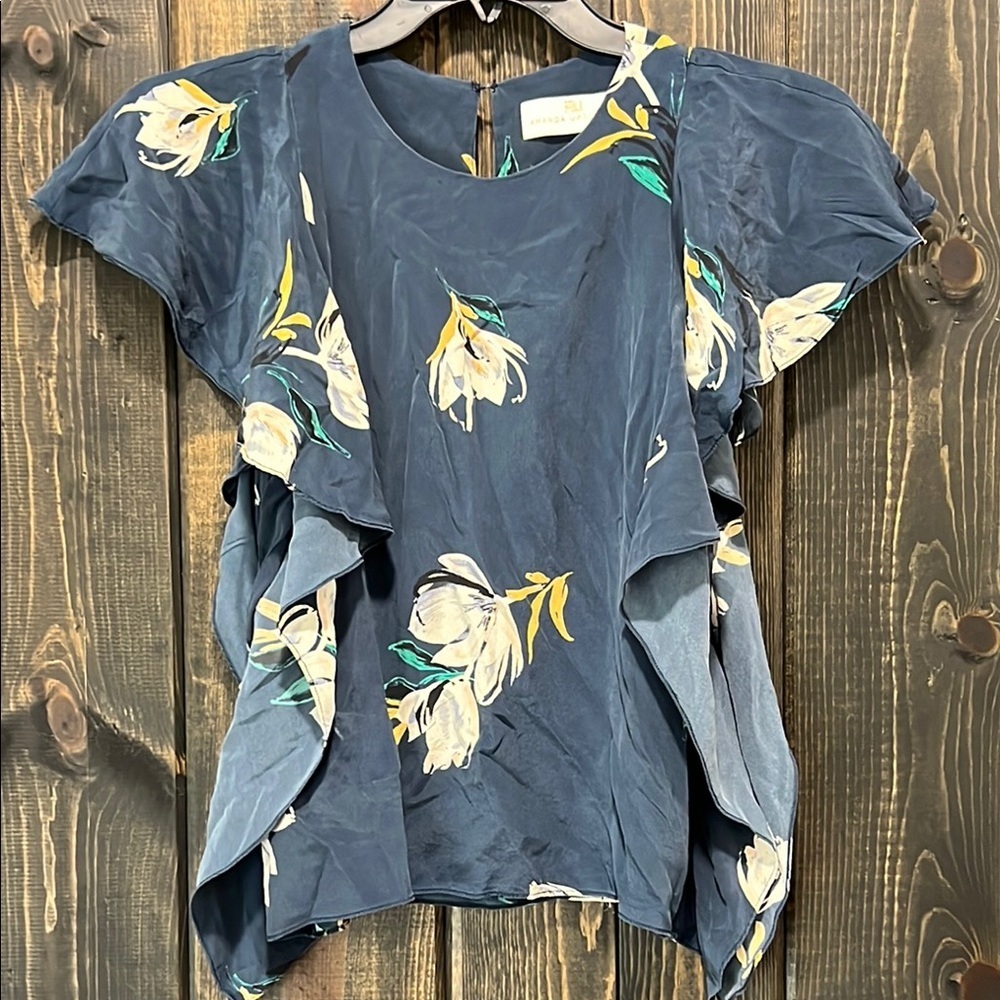 Amanda Uprichard Silk Floral Top S Blue Ruffle Sleeve Summer Casual Preppy